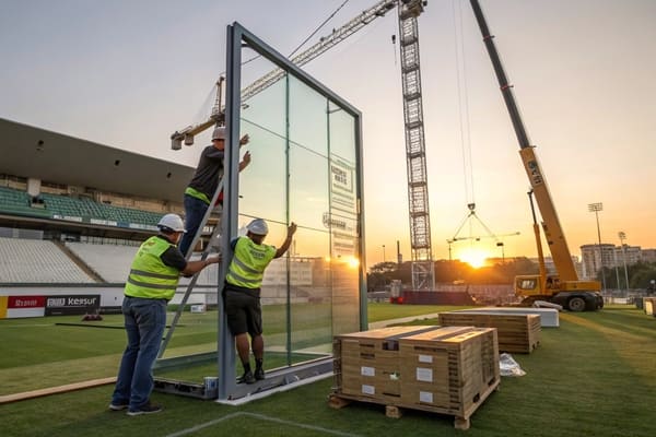 Padel Court Installation Construction team installing padel court glass panels at sunrise