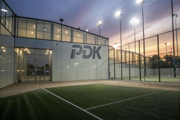 PDK Court Exterior PDK padel court exterior at sunset showing modern design and turf