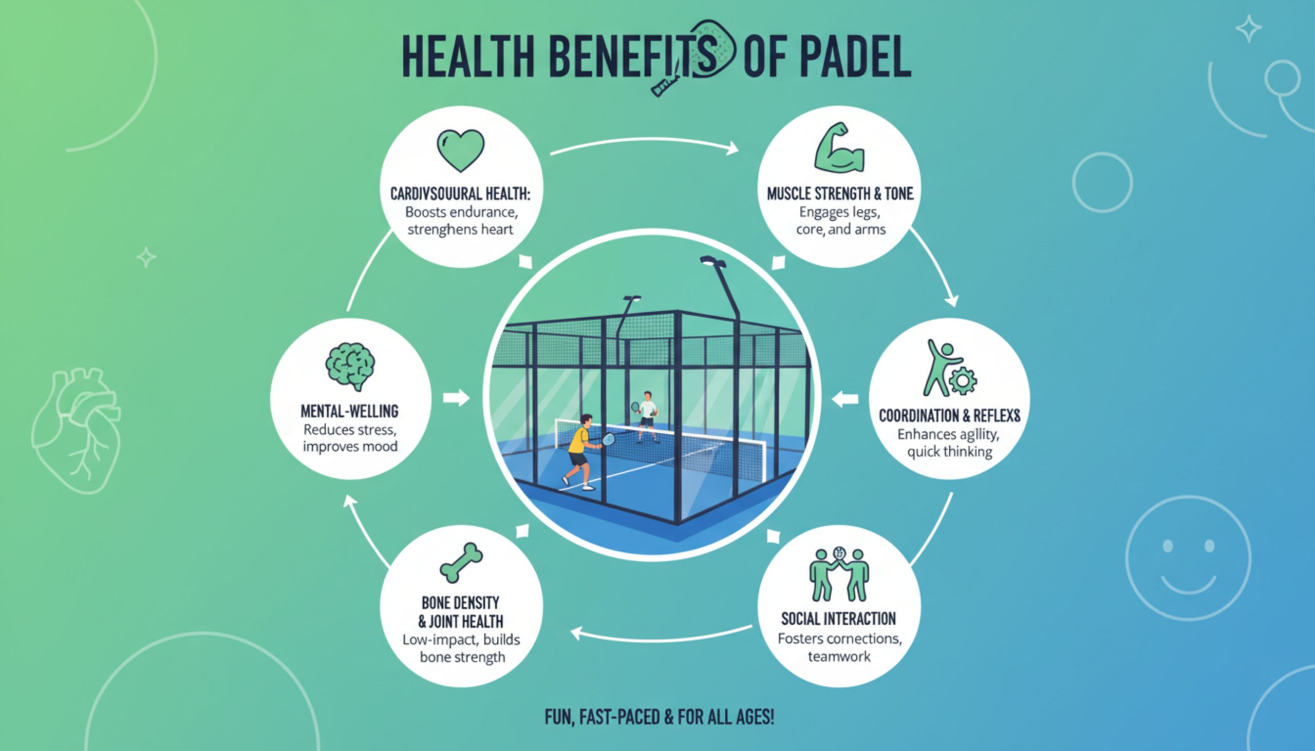 Health benefits of padel infographic details benefits like health and fitness