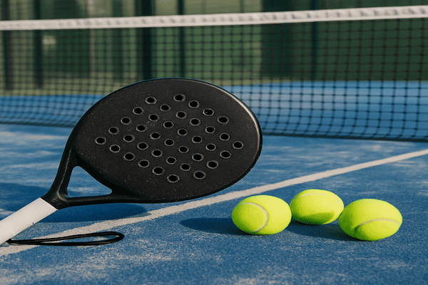 Padel racket and tennis balls on blue turf court