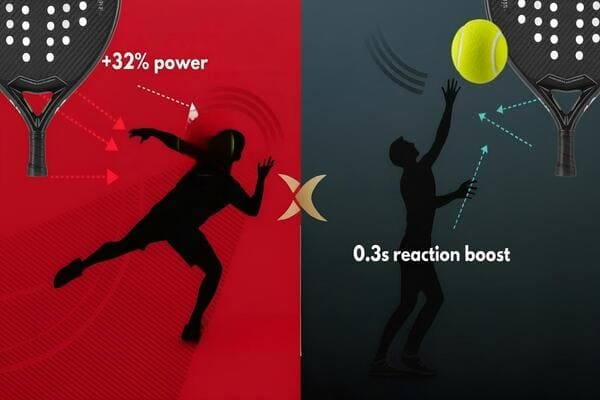 Illustration showing increased power and reaction with racket