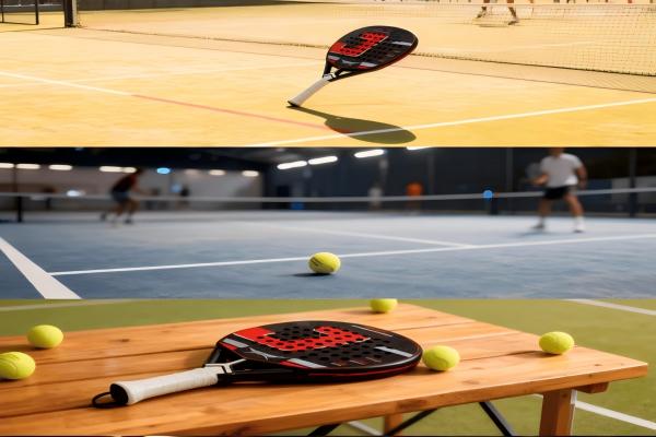 Padel racket on court with tennis balls, players in action
