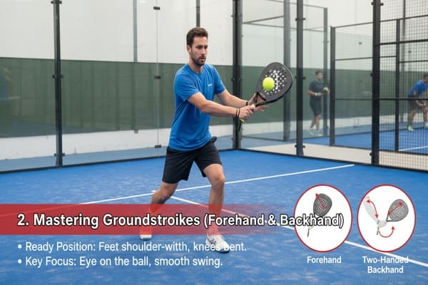 Groundstroke Mastery Tips Player mastering padel groundstrokes with instructions and techniques shown