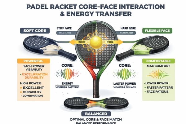 Diagram showing energy flow between core and face during ball impact padel racket core face interaction energy transfer diagram