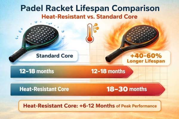 Graph showing performance degradation over time for different core types padel racket lifespan comparison chart heat-resistant vs standard core