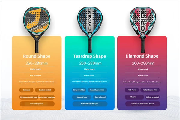 alt text: round diamond teardrop padel racket shapes comparison sweet spot